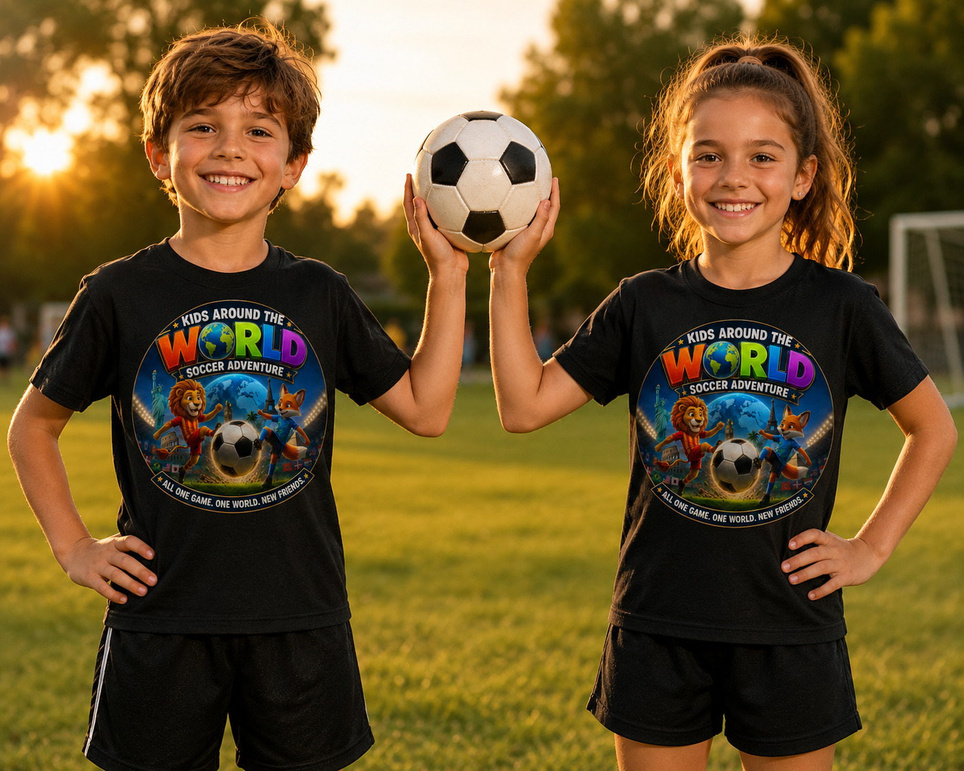 Kids Around the World Soccer Adventure Youth Tee — Colorful Soccer Animal Graphic