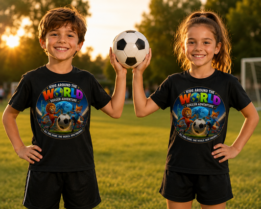 Kids Around the World Soccer Adventure Youth Tee — Colorful Soccer Animal Graphic
